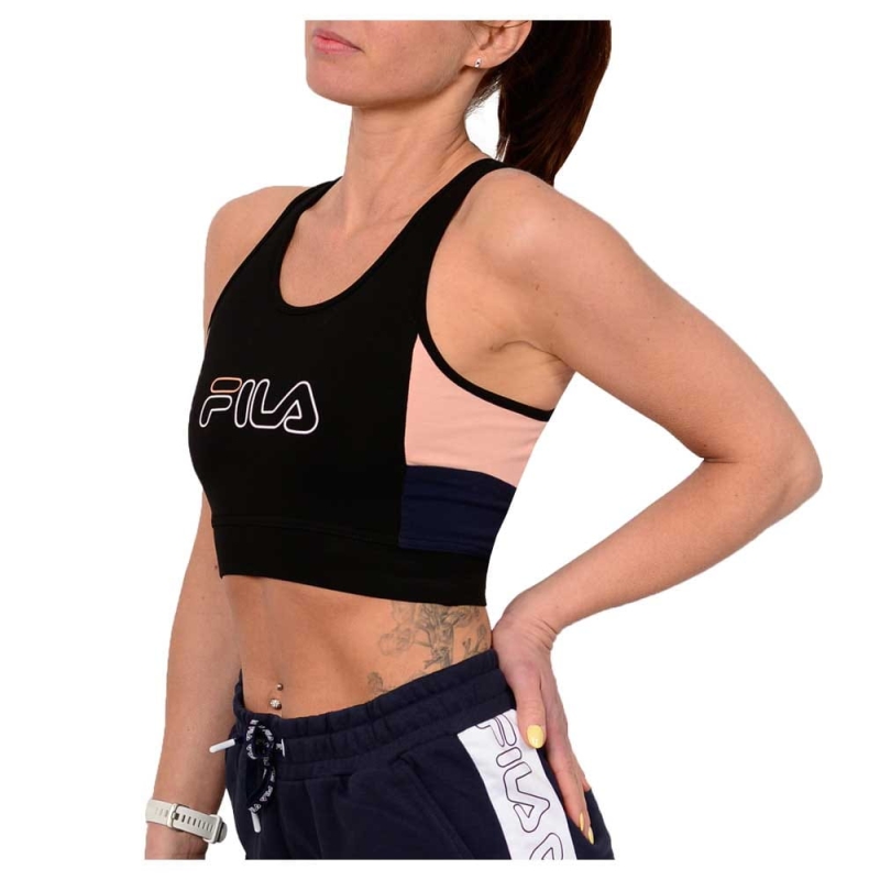 Czarny top sportowy Fila damski z różowymi i granatowymi wstawkami