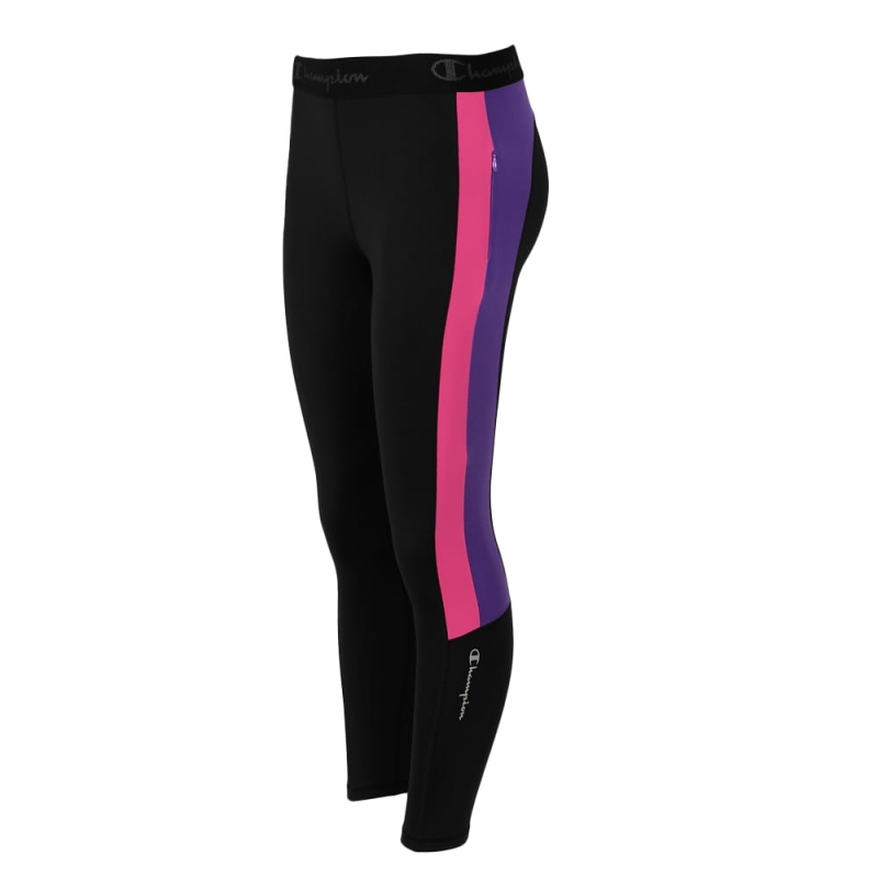 Czarne legginsy Champion damskie z różowym i fioletowym pasem