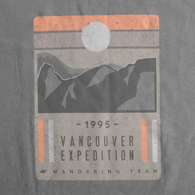 Zbliżenie na nadruk na szarej koszulce damskiej 4F