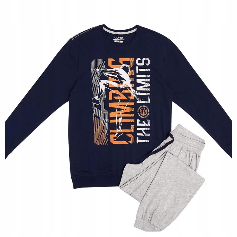 Męska piżama Henderson – granatowa bluzka z długim rękawem i szare spodnie