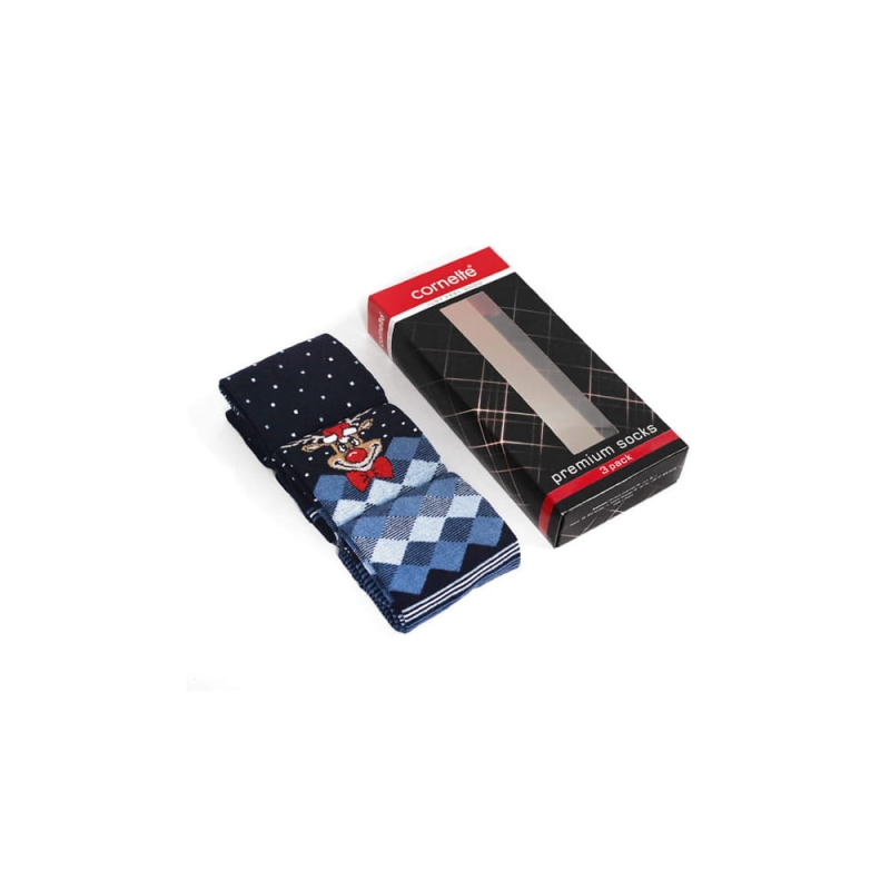 Oryginalne opakowanie skarpet Cornette ze świątecznym wzorem reniferów.