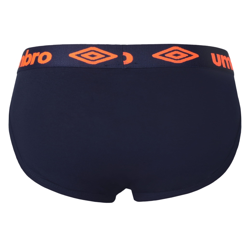 Tył granatowych slipów Umbro z pomarańczową gumą