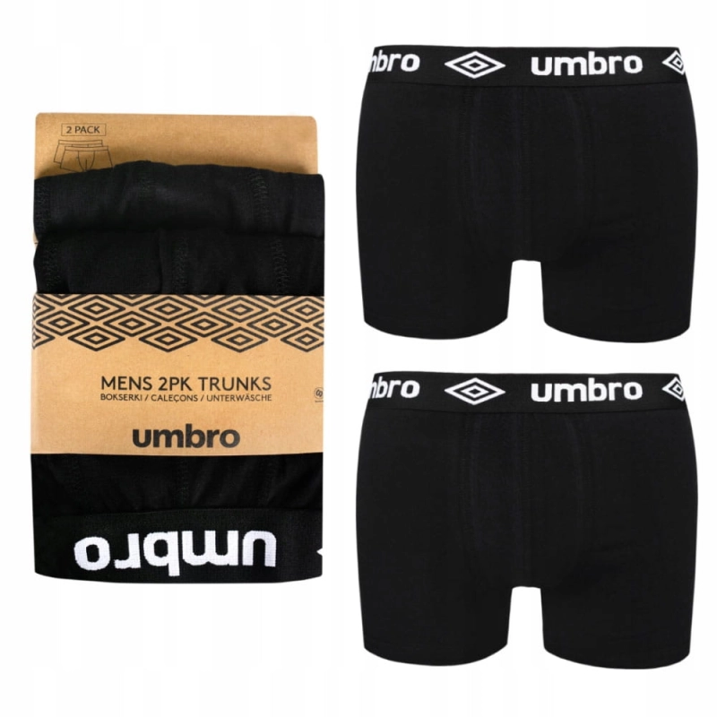 Bawełniane bokserki męskie UMBRO w komplecie dwóch sztuk, zaprezentowane w pełnym ujęciu z przodu.