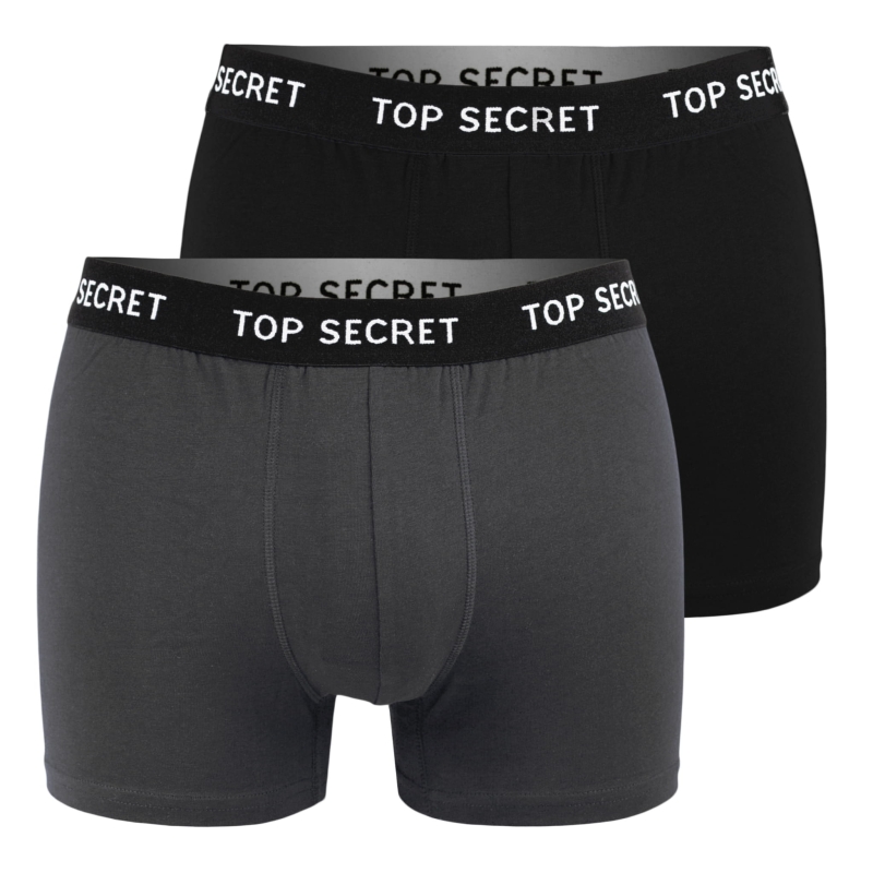 Zestaw dwóch par męskich bokserek Top Secret – jedna w kolorze szarym, druga w czarnym, ułożone obok siebie.