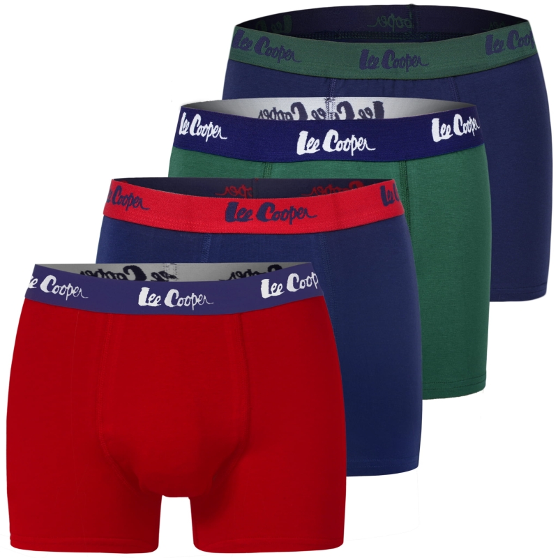 Zestaw czterech par męskich bokserek Lee Cooper w kolorach granatowym i czerwonym, ułożonych obok siebie.