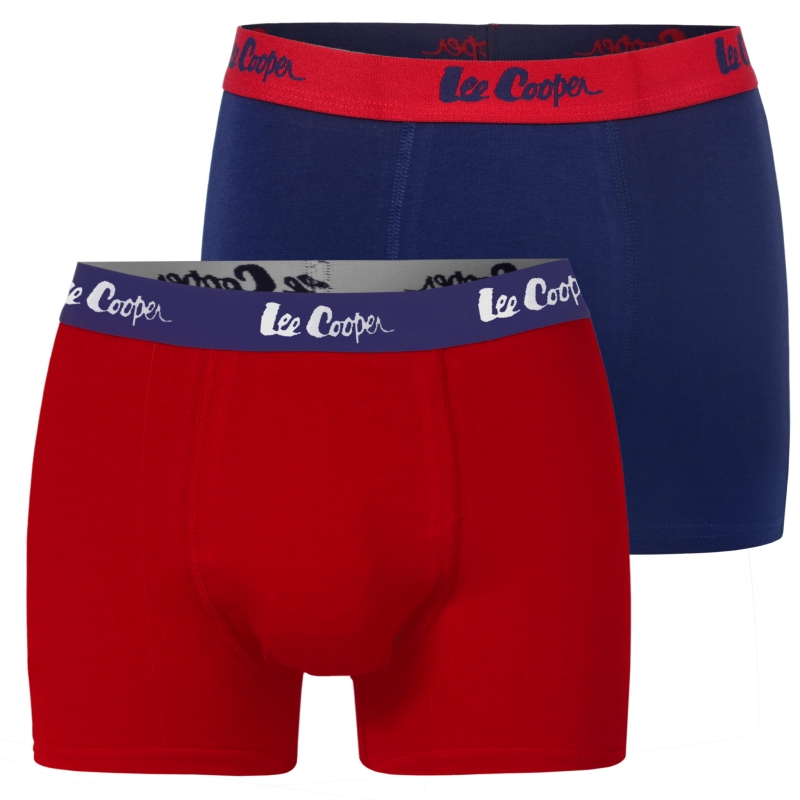 Pełny widok kompletu bokserek Lee Cooper w dwóch kolorach, z widocznym logo na gumie.