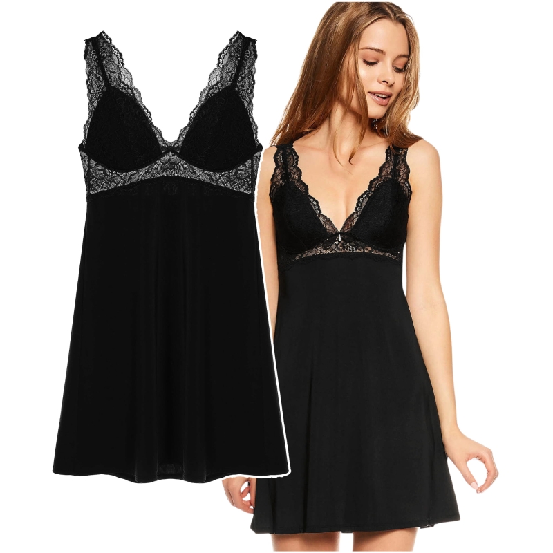 Czarna koszula nocna damska Henderson LILLY – widok z przodu na modelce