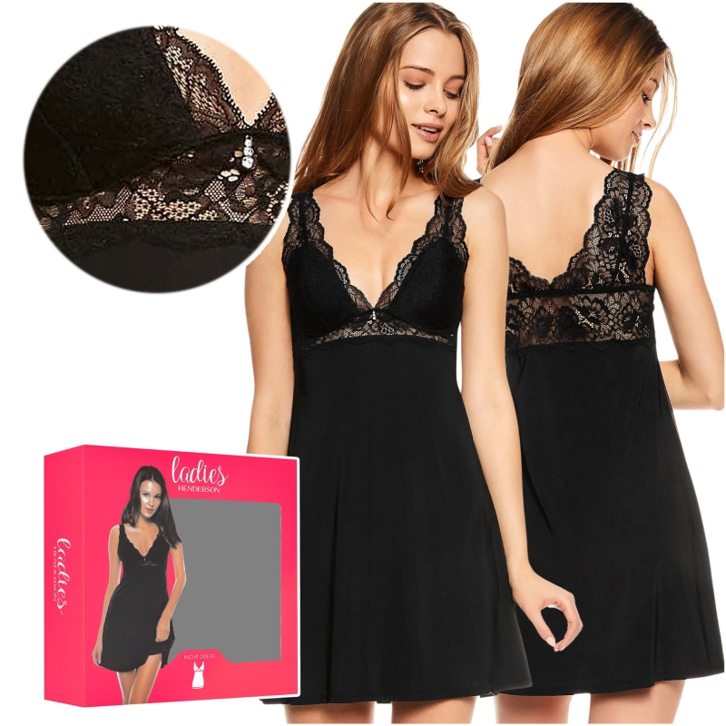 Czarna koszula nocna LILLY Henderson – detal dekoltu i wykończenia materiału