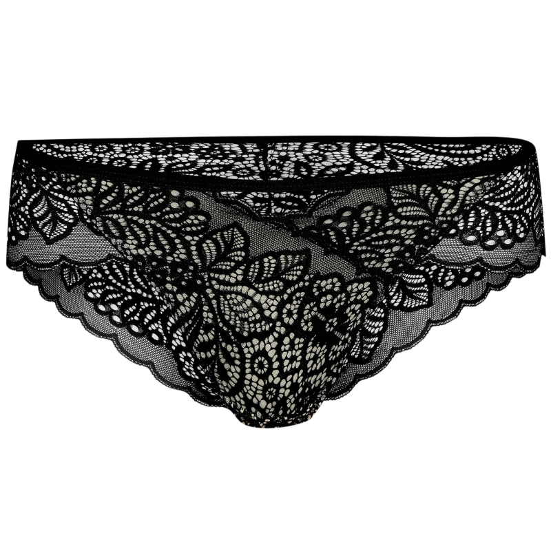 Czarne koronkowe figi damskie z kwiatowym wzorem – widok z przodu