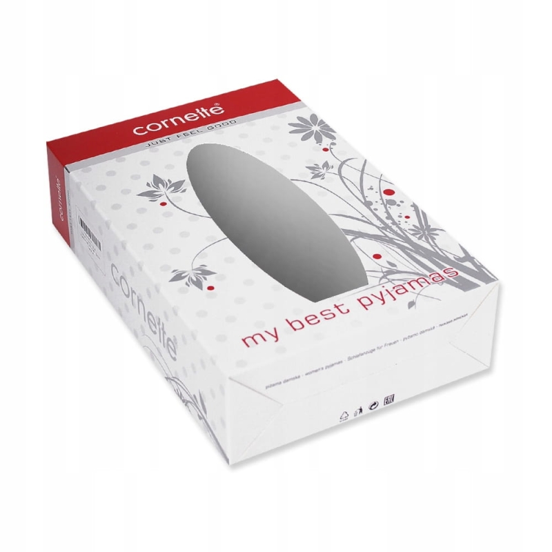 Ozdobne opakowanie Cornette z napisem „my best pyjamas” i florystycznym motywem.