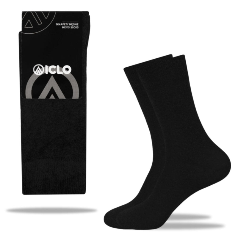 Długa para czarnych skarpet męskich ICLO garniturowych.
