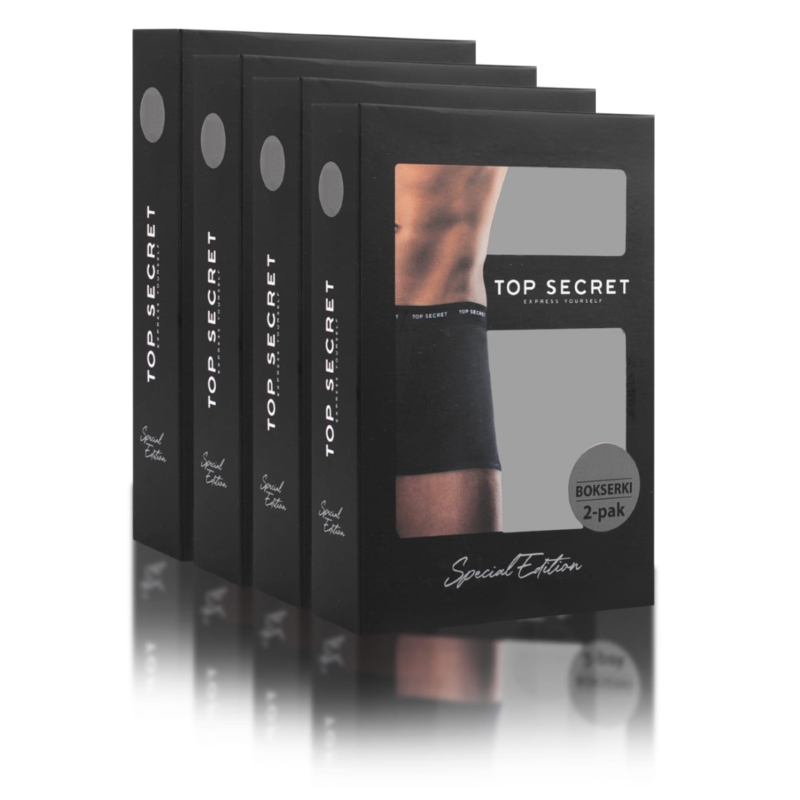 Oryginalne opakowanie z zestawem 8 kolorowych bokserek męskich TOP SECRET.