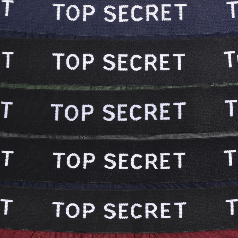 Zbliżenie na elastyczną gumę z logo w kolorowych bokserkach męskich TOP SECRET.