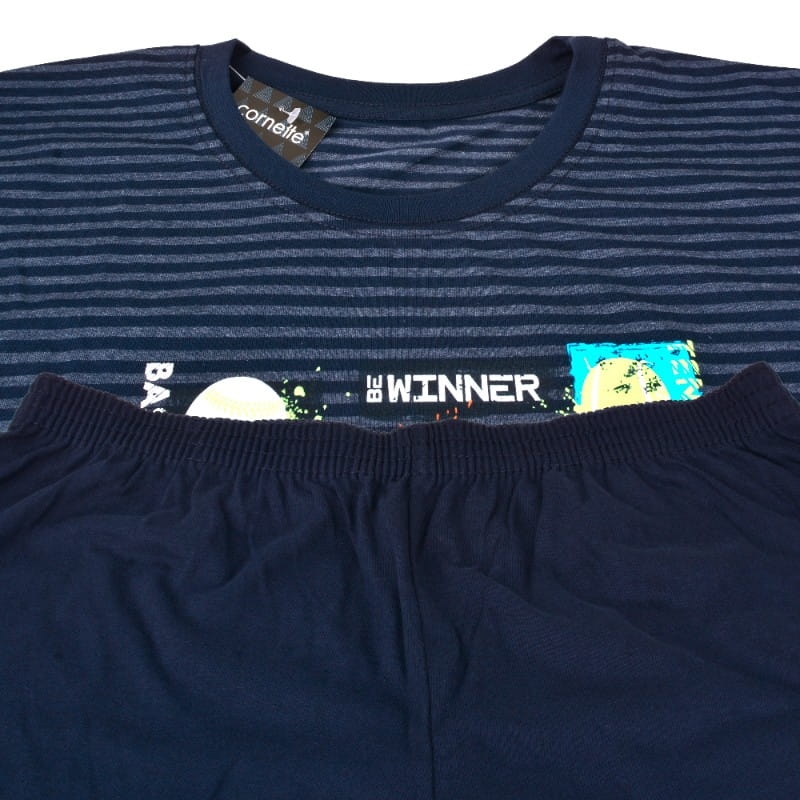 Granatowa męska piżama Cornette z koszulką w paski i gładkimi spodenkami.