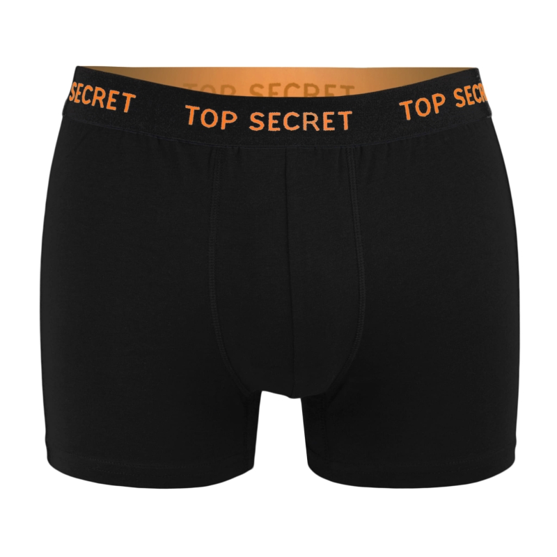 Czarne bokserki Top Secret z pomarańczowym logo.