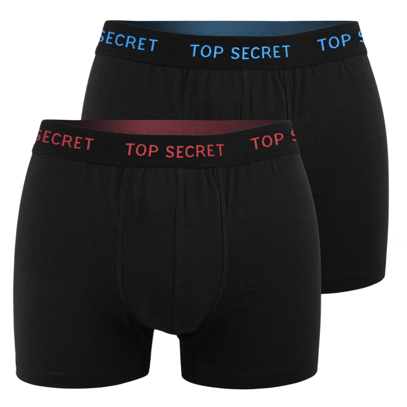 Dwie pary czarnych bokserek Top Secret z czerwonym i niebieskim logo
