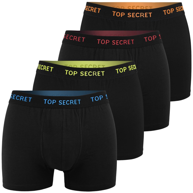 Cztery czarne bokserki Top Secret z różnymi kolorami logo