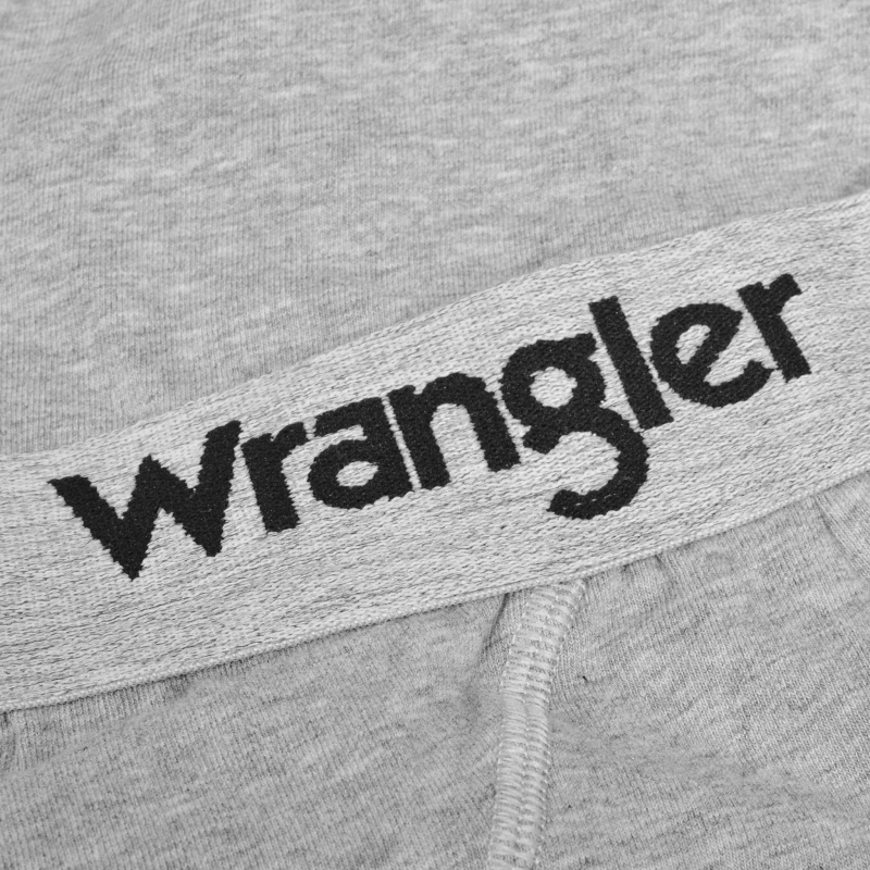 Zbliżenie na szarą gumę slipów Wrangler z czarnym logo