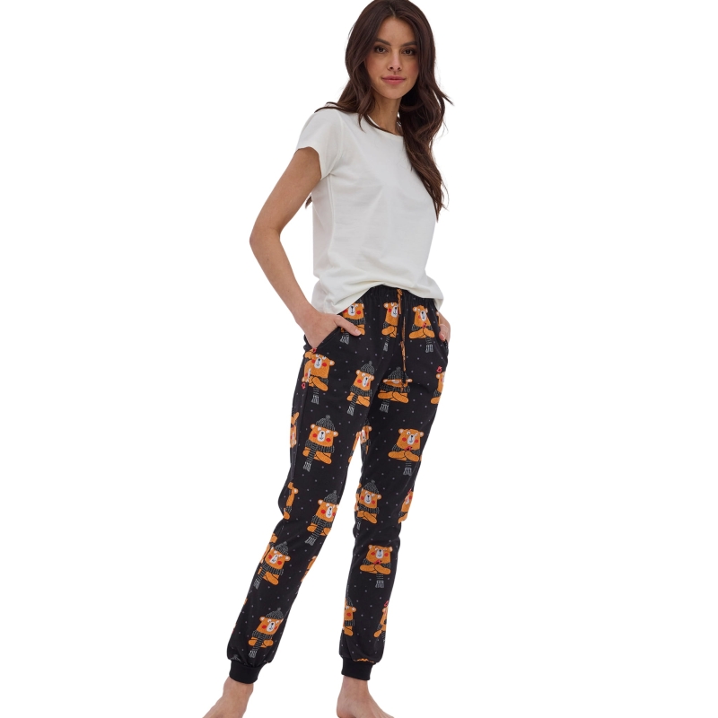 Cornette Spodnie Piżamowe Damskie 909/04 Miś Bawełna Czarne Model