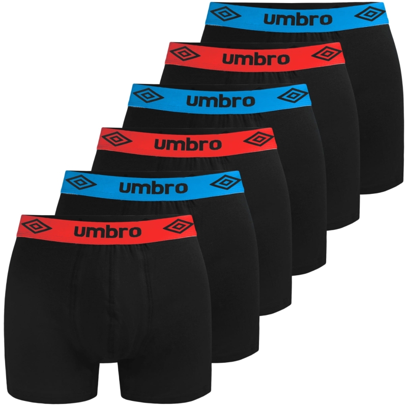 Zestaw 6 czarnych bokserek męskich Umbro ułożonych w rzędzie, widoczna guma z logo.
