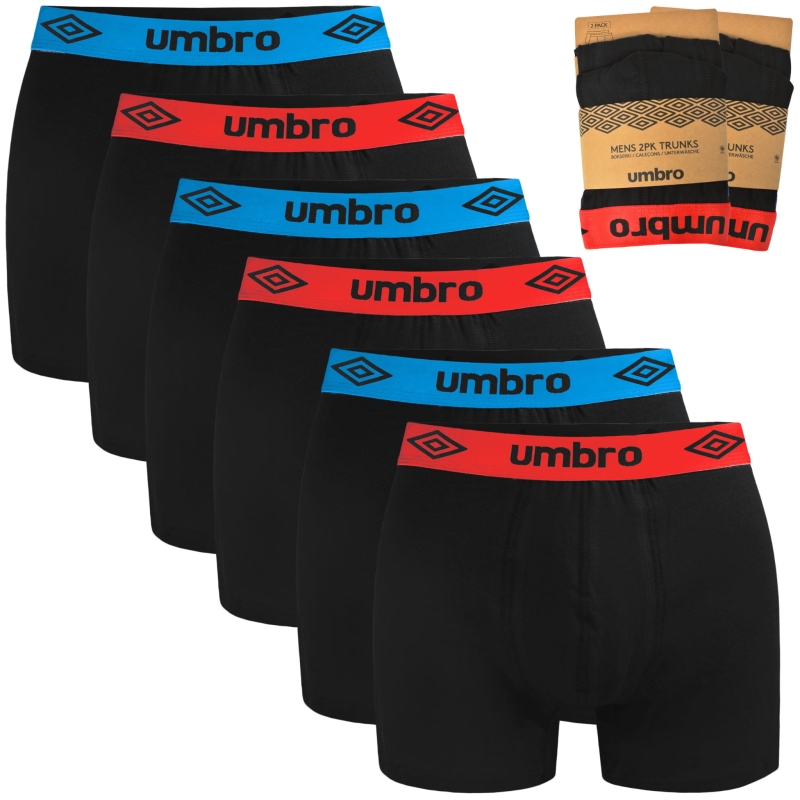 Pełny widok 6 sztuk bokserek Umbro w eleganckim, sportowym stylu, kolory jednolite.