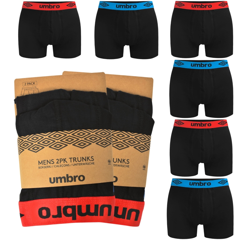 Kompletny komplet bokserek Umbro w kolorze czarnym, prezentacja przodu i tyłu produktów.