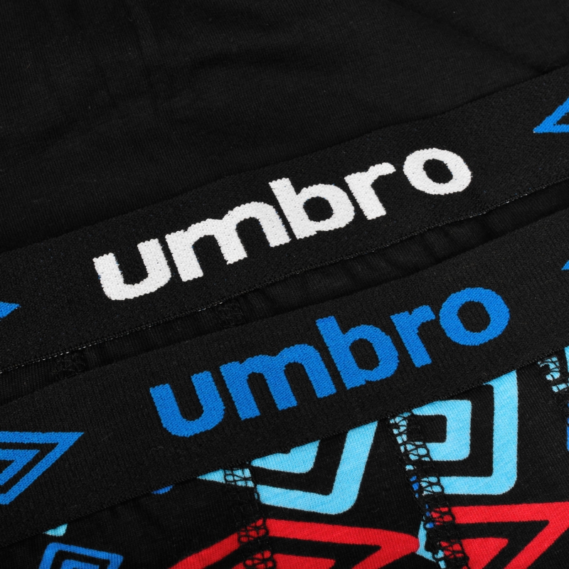 Zbliżenie na szeroką gumę z logo Umbro w kolorowych bokserkach.