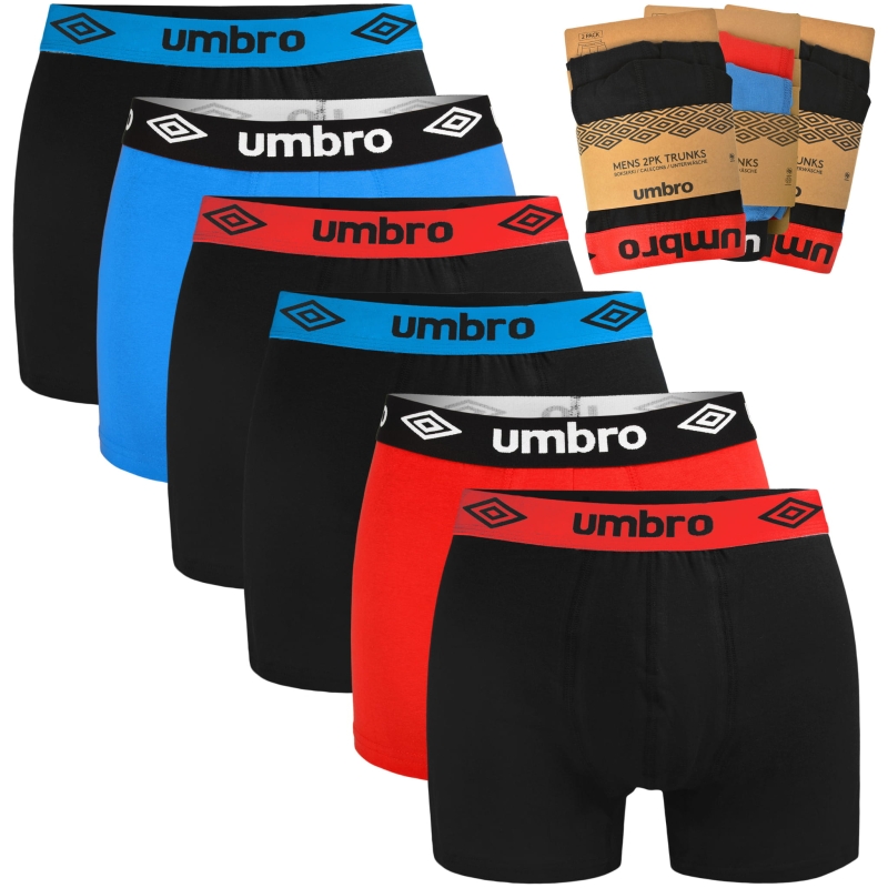 Męskie bokserki sportowe UMBRO z elastyczną gumą i kolorowym brandingiem, widok całego zestawu.