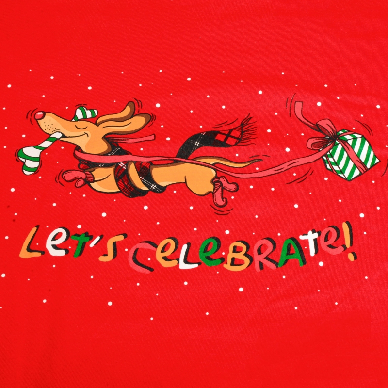 Nadruk na bluzce: biegnący pies z prezentem i napisem „Let’s Celebrate!”.