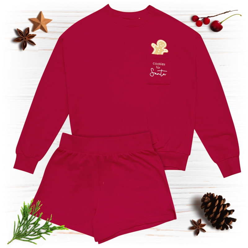 Czerwony damski komplet świąteczny Henderson z bluzą i szortami, widok całości.