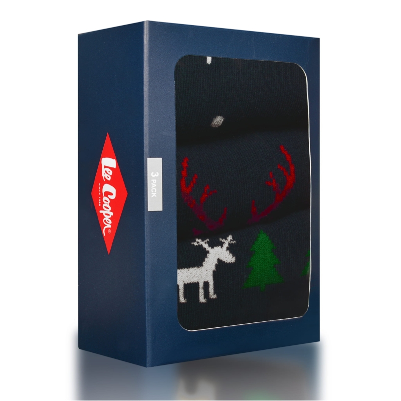 Oryginalne opakowanie Lee Cooper z trzema parami skarpet świątecznych w środku, ozdobione logo marki.
