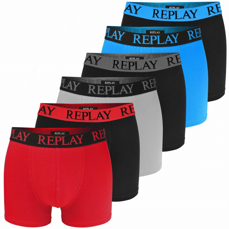 Męskie bokserki Replay, zestaw 6 sztuk, różne kolory, z elastyczną gumą i logo