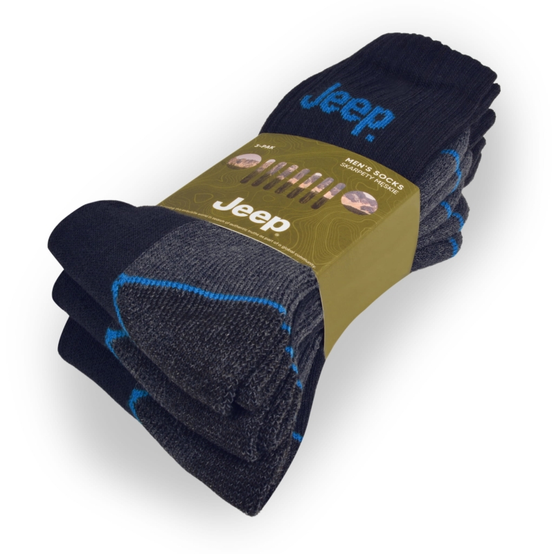 Detal materiału skarpet Jeep navy, bawełna.