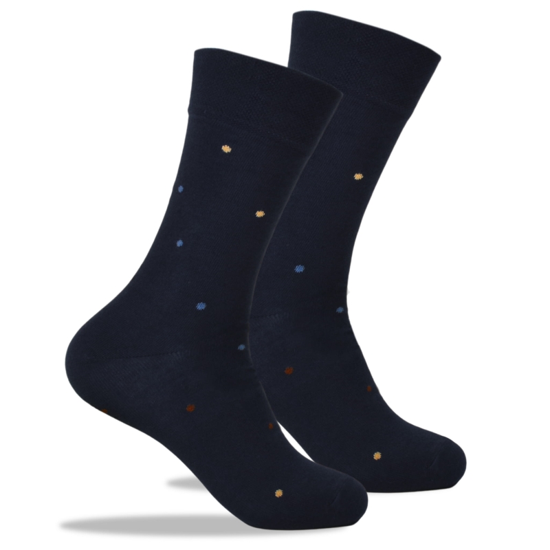 Granatowe skarpety w kropki – minimalistyczny wzór w różnokolorowe groszki