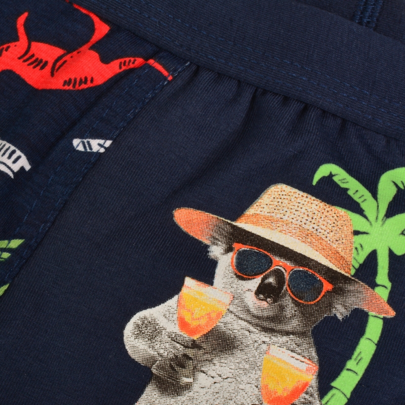 Detal nadruku na bokserkach – lemur z kapeluszem i sokami.