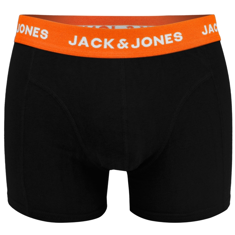 Bawełniane bokserki męskie JACK&JONES z pomarańczową gumą i napisem logo, widok z przodu.
