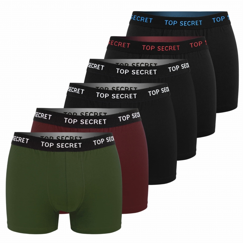 TOP SECRET bokserki męskie – czarne z kolorowymi detalami, zestaw 6 sztuk z miękkiej bawełny