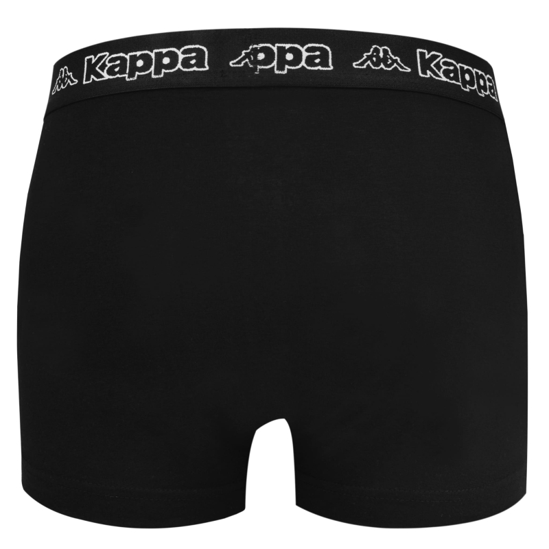 Pojedyncza para bokserek Kappa w kolorze czarnym z widocznym logo, widok z bliska.