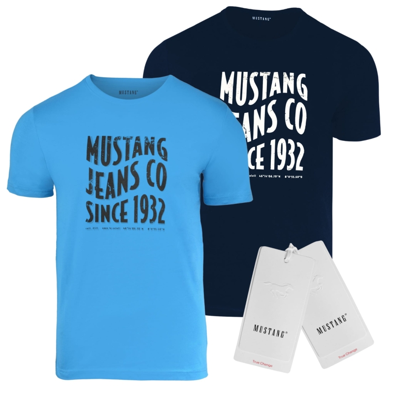 Męskie koszulki Mustang w kolorze niebieskim, klasyczny krój, widok całości