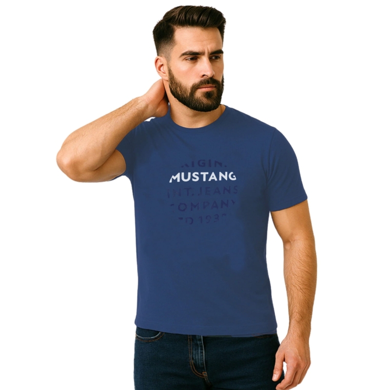 Granatowa koszulka Mustang męska z nadrukiem Model