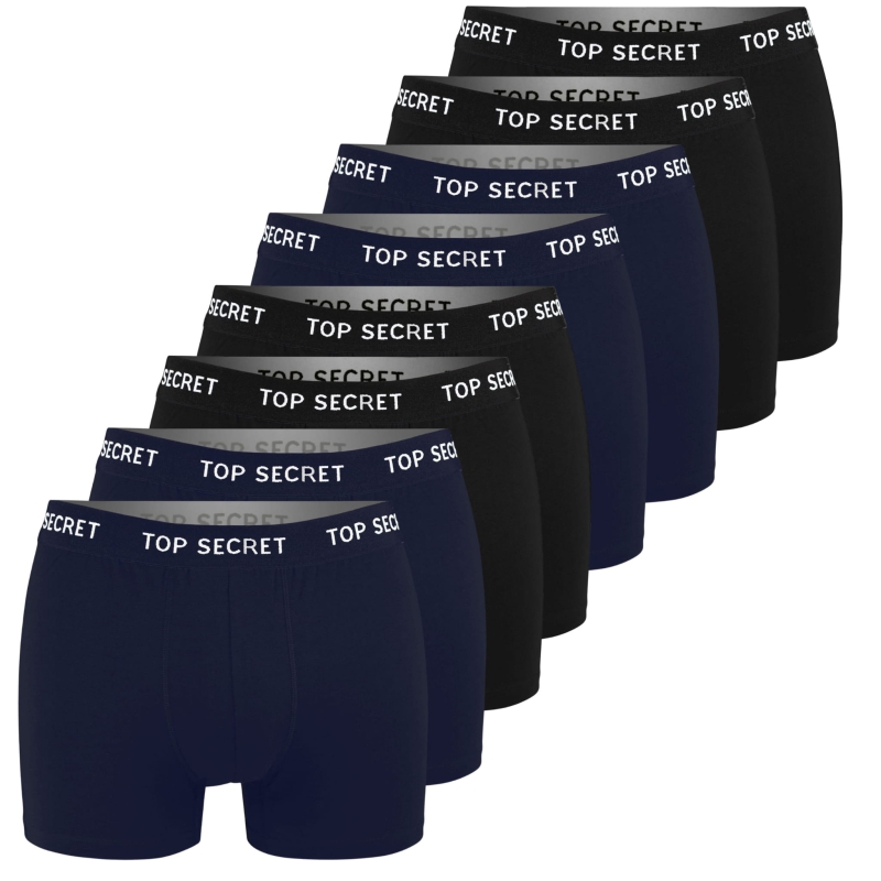 Zestaw 8 bokserek męskich TOP SECRET w kolorze czarnym i granatowym, ułożonych równo obok siebie.