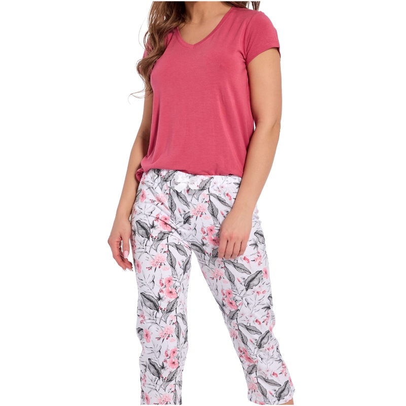 Zbliżenie na Piżama Damska Cornette Krótki Rękaw Spodnie 3/4 Kwiaty Model