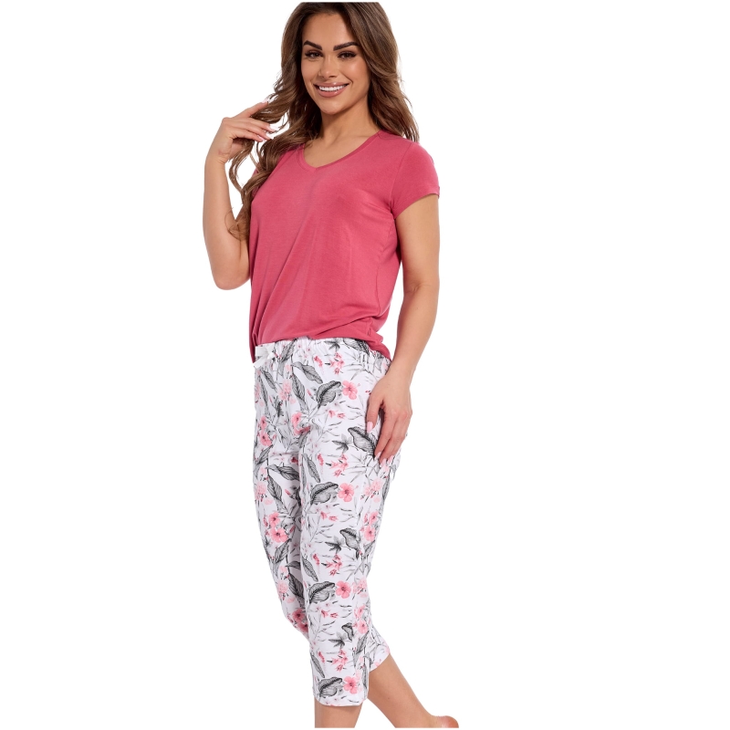 Cornette Piżama Damska Krótki Rękaw Spodnie 3/4 Kwiaty Bawełna Model