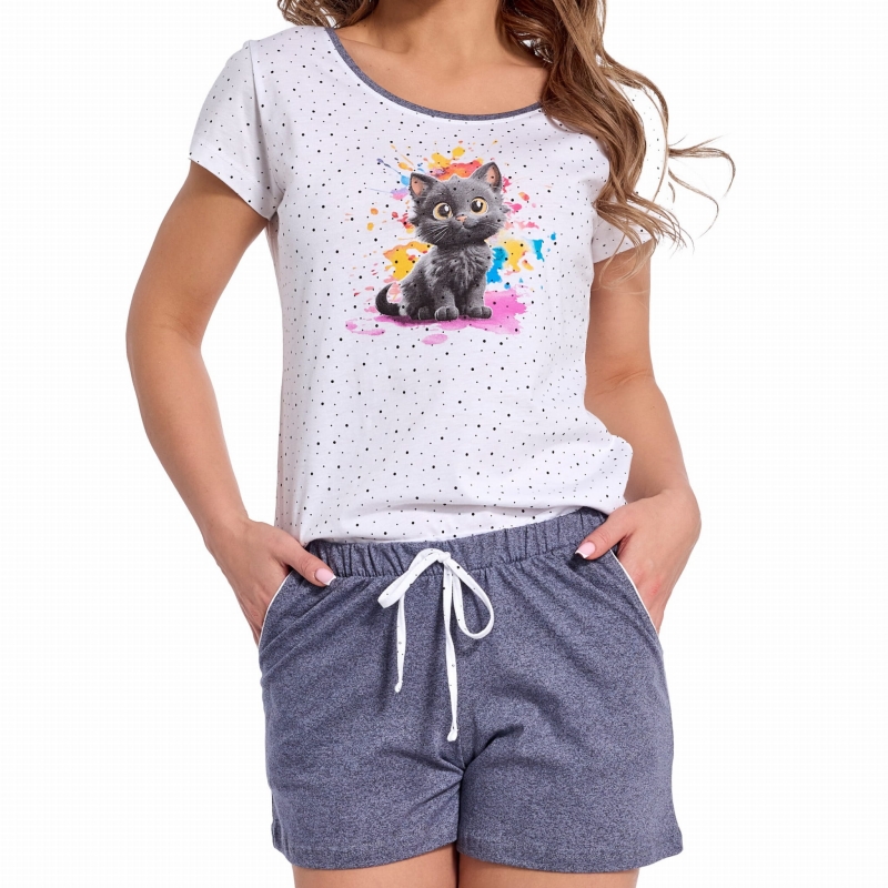 Koszulka piżamowa Cornette z nadrukiem czarnego kotka.