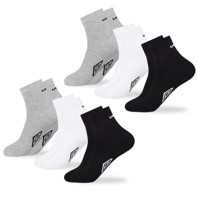 Zestaw sześciu par uniwersalnych skarpet Umbro typu zakostki w klasycznych kolorach.