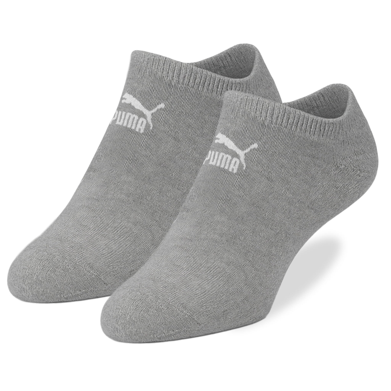 Pojedyncza para szarych stopek PUMA z logo, widok z boku.