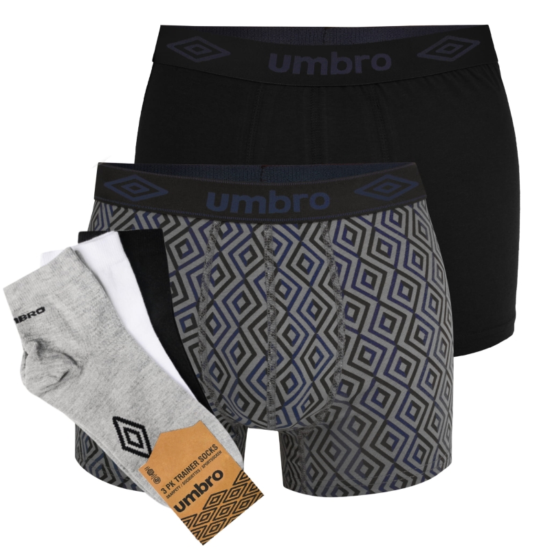 Czarne i grafitowe bokserki Umbro z zestawem trzech par sportowych skarpet