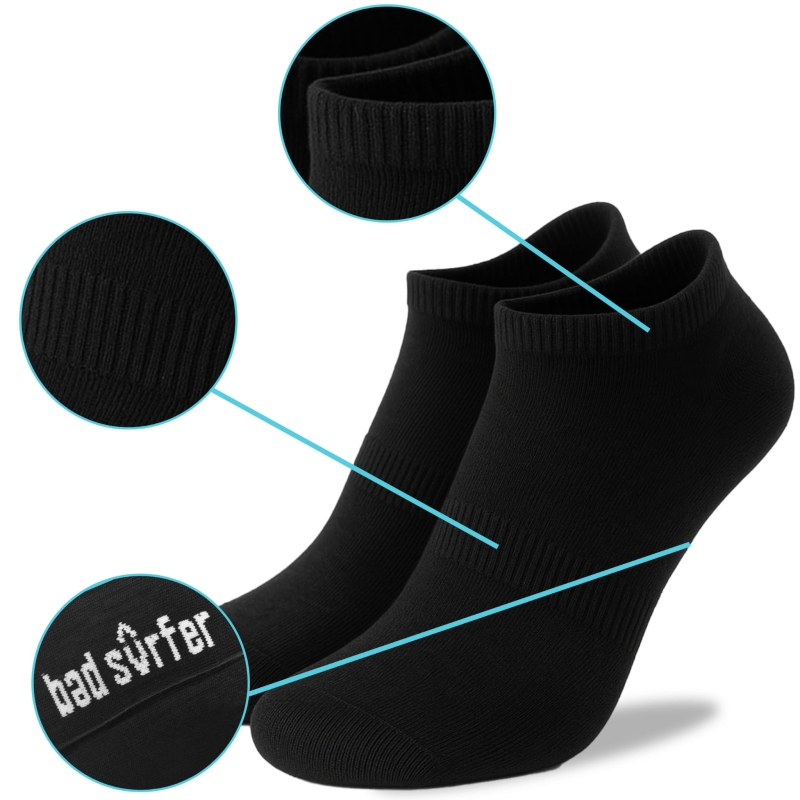 Czarne stopki Bad Surfer z przybliżeniami: ściągacz, śródstopie, logo