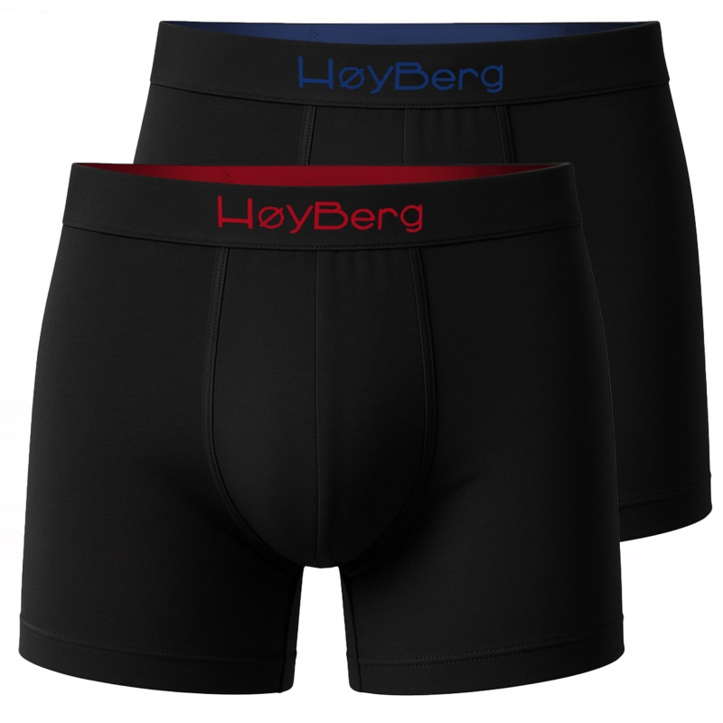 2 pak bokserek HøyBerg – czarne modele z czerwonym i niebieskim logo.