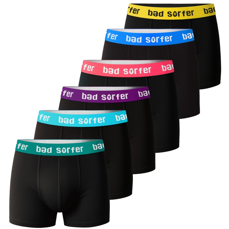 Kolorowe bokserki Bad Surfer – ułożone kaskadowo w 6 wersjach
